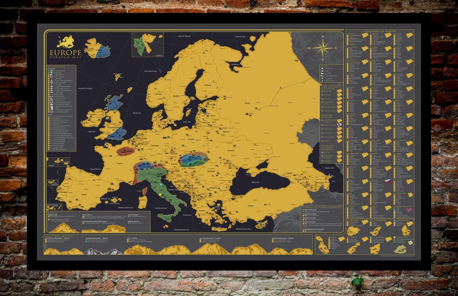Carte de l'Europe à gratter - avec des parties déjà grattées