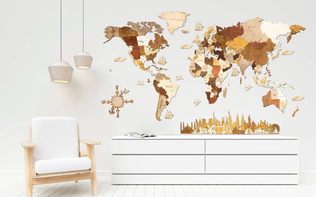 Carte du monde 3D en bois avec monuments