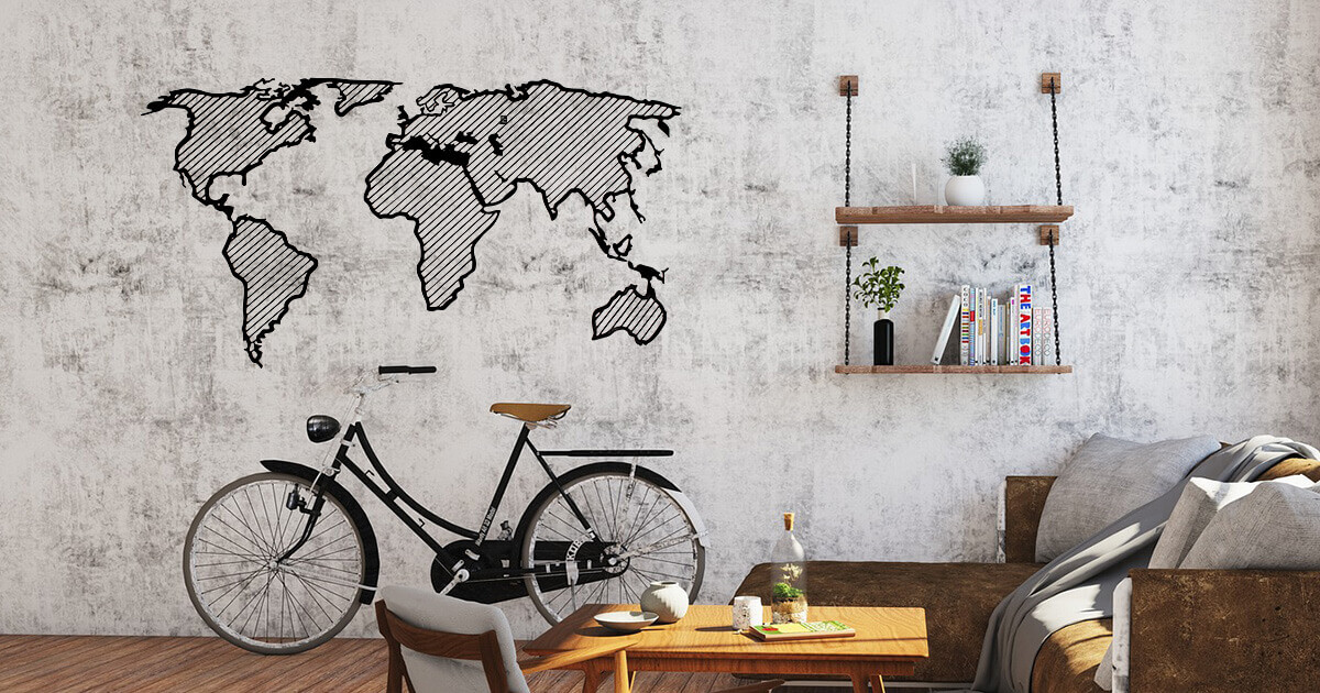 Carte du monde hachurée en bois Traveler