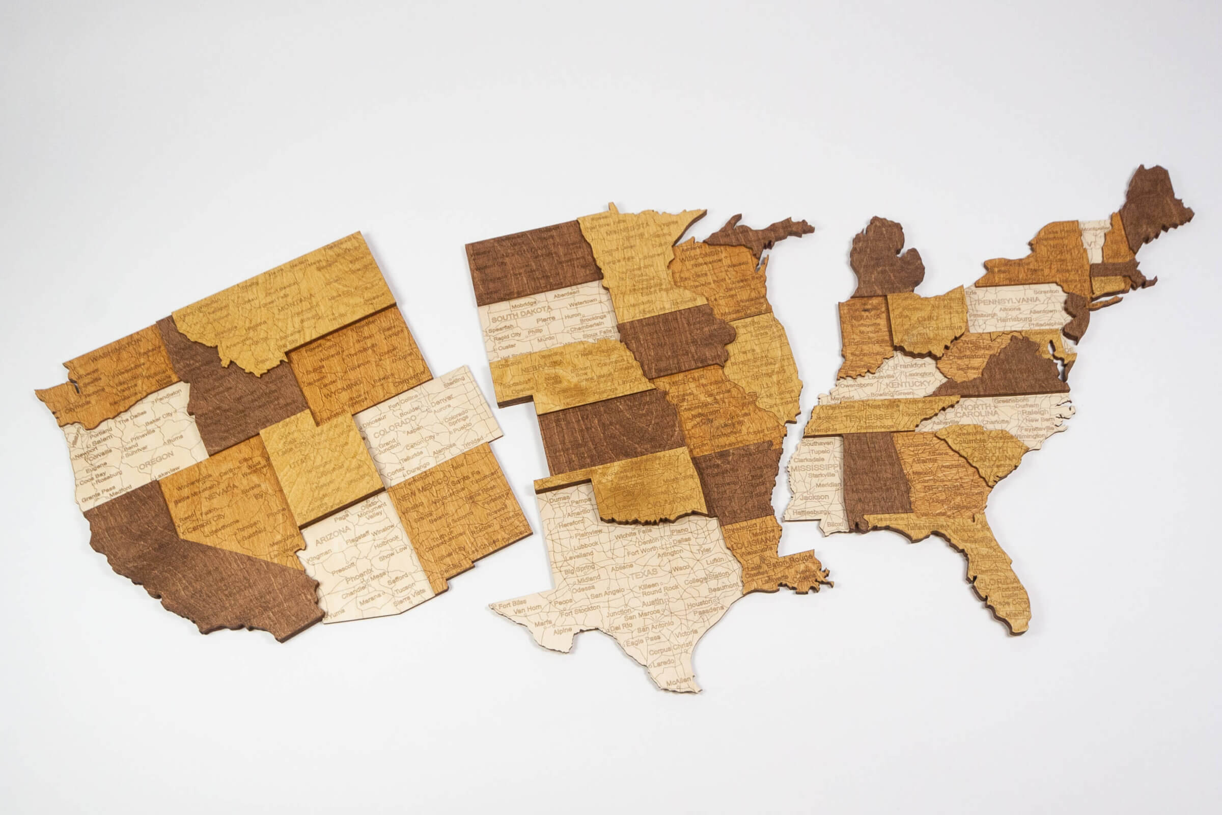 Carte 3D des États-Unis en bois - 3 pièces
